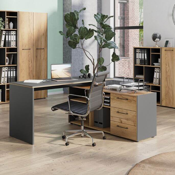 Bureau d'angle contemporain avec rangement chêne/grpahite Isaya